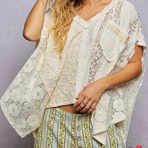 POL Boho Lace asymmetrical hem oversized tunic top